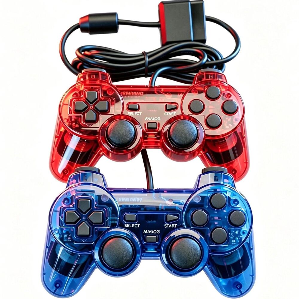 2 Pack Wired Controllers for PS2 PS1 and PS2 Slim Clear Red Blue Retro Gaming